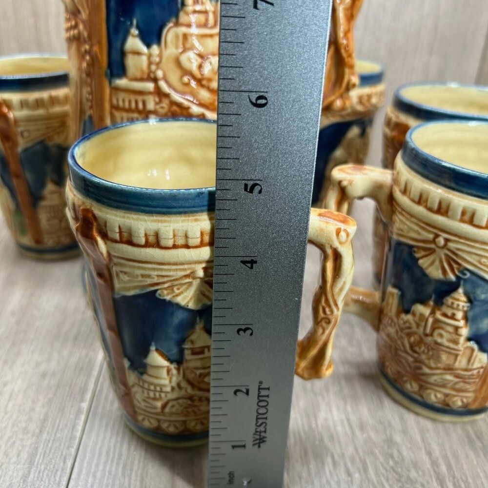 Vtg Ceramic Beer Stein Set w/Lidded Pitcher & 5 Mugs Made in Japan Blue Tan - Picture 15 of 16